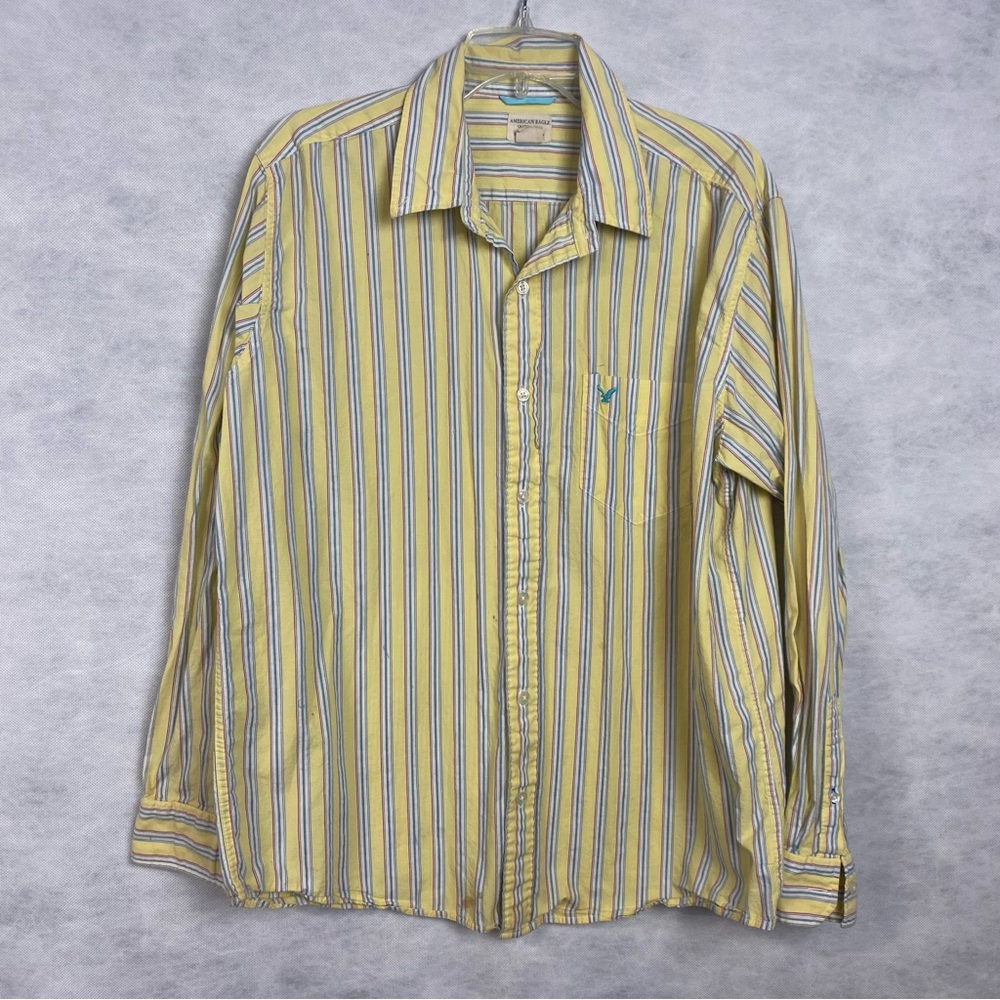 American Eagle Outfitters Men's Size Large Yellow Blue Pink Striped Button Down
